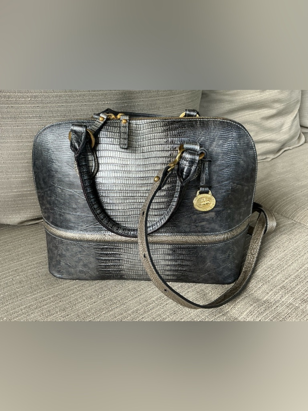 Brahmin Black Croc-Embossed Dome Satchel with Gold Hardware